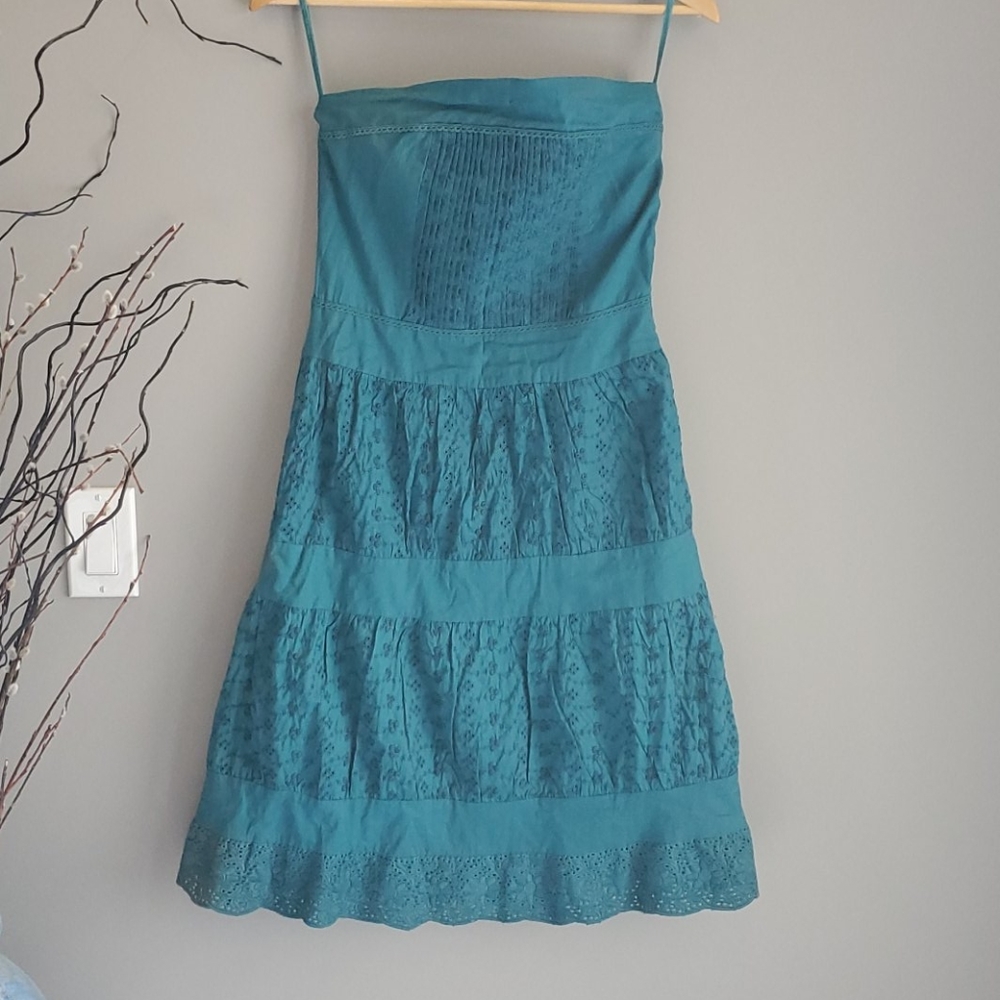 Beautiful teal blue strapless eyelet dress